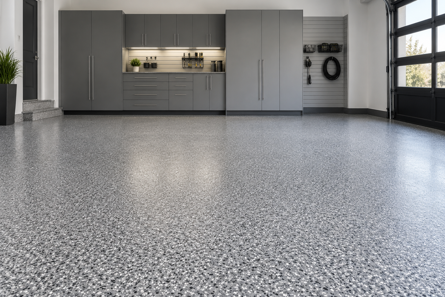 Gray, black, and white flake garage floor design concept