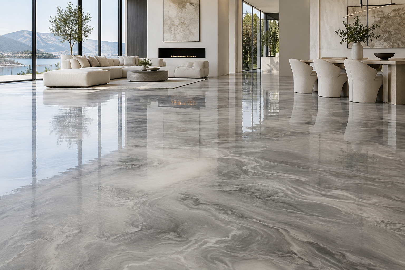 Design concept of a silver and charcoal metallic floor in a contemporary living space